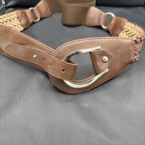 Brown Leather Half Stretch Belt W Wide Boho-style Metal Buckle One Size